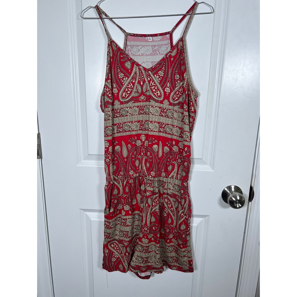 Unbranded Women Romper Paisley Floral Spaghetti Strap Red Size Large